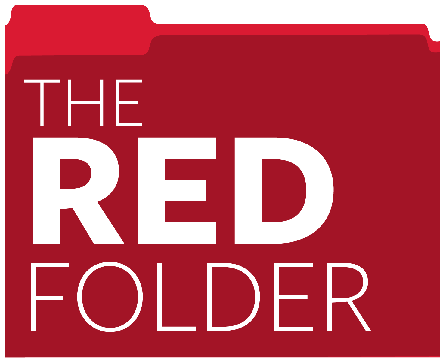 A basic illustration of a dark red folder with white text reading 'the red folder'