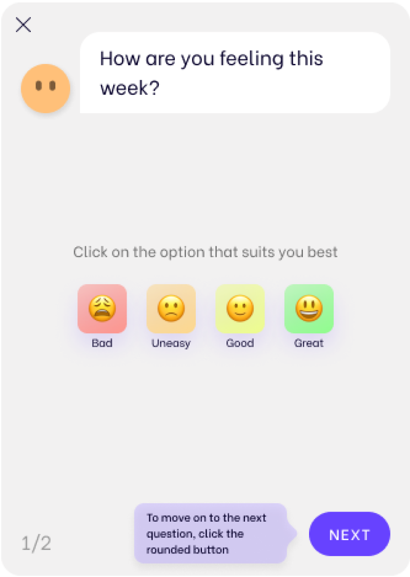 The GydEd Chatbot asks "how are you feeling this week?" with four options to select: a sad face marked "bad," a frown marked "uneasy," a neutral face marked "good," and a smiling face marked "great"