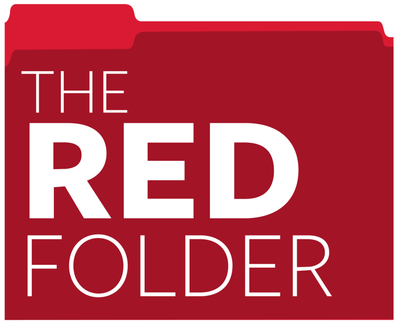 A basic illustration of a dark red folder with white text reading 'the red folder'