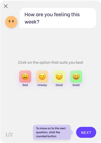 The GydEd Chatbot asks "how are you feeling this week?" with four options to select: a sad face marked "bad," a frown marked "uneasy," a neutral face marked "good," and a smiling face marked "great"