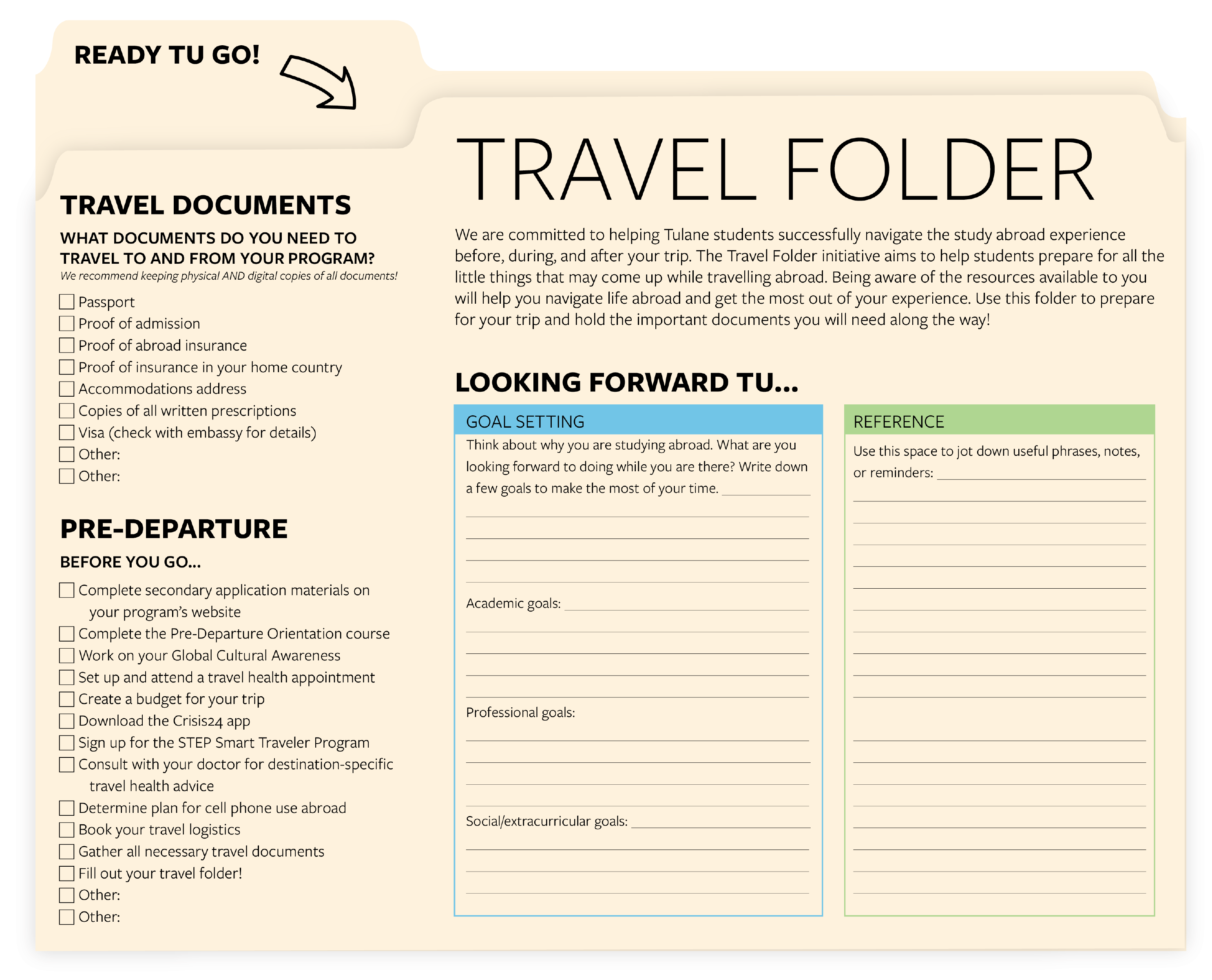 A preview of the Travel Folder, with a manilla background and black text.